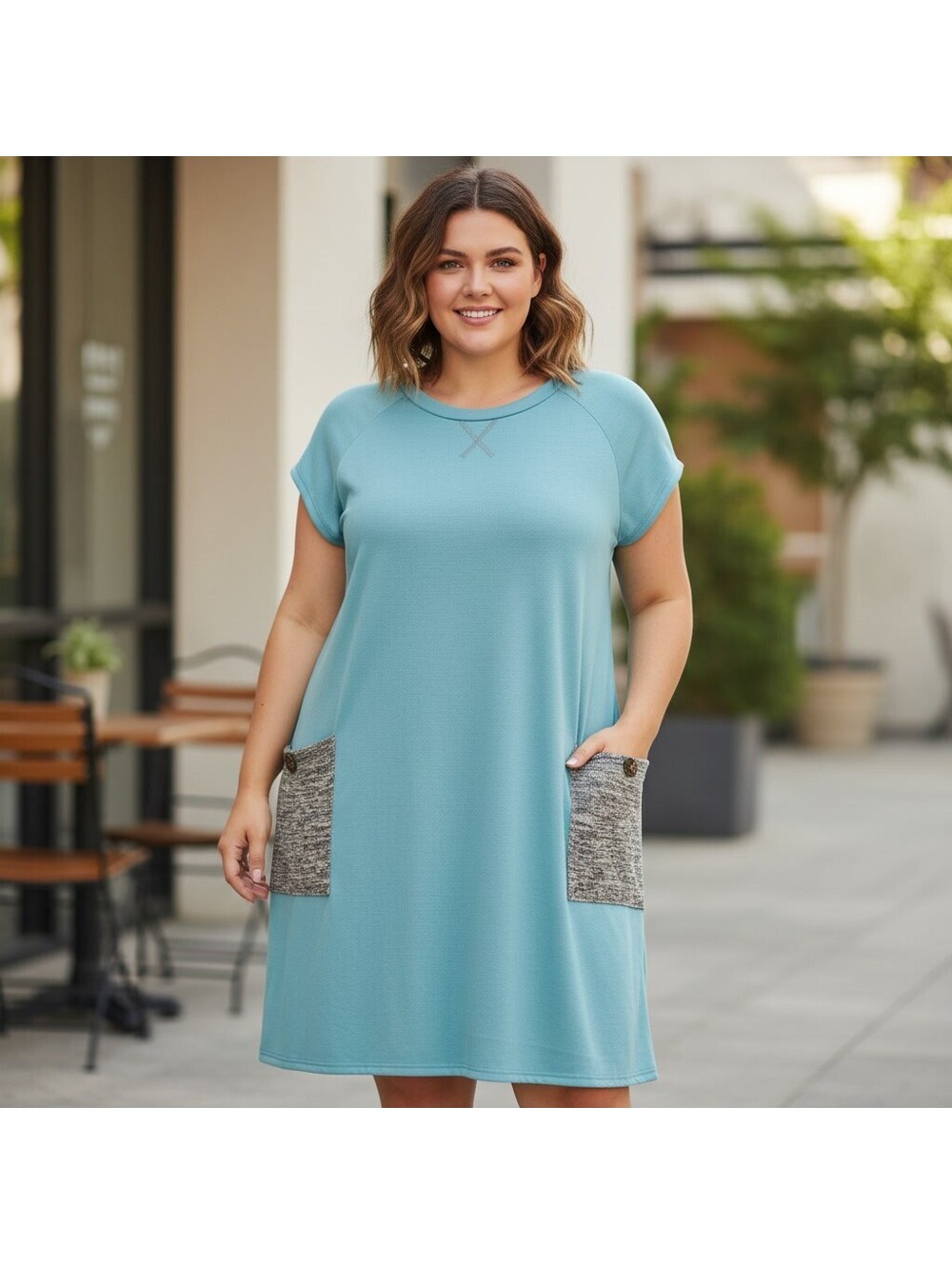 1775 - 42 Pops XL Light Blue Casual Dress with Gray Pockets